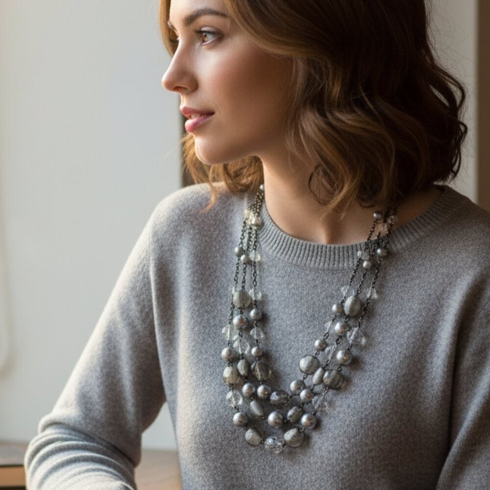 White House Black Market Silver And Black Multi-Strand Necklace